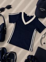 تیشرت یقه هفت نواردار زنانه - Image 6